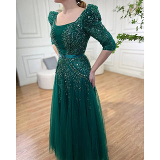 Blue Midi Evening Dress 2024 - Luxury Dubai Muslim Ankle-Length Arabic Short Wedding Formal Party Gown