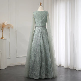 Luxury Dubai Sage Green Arabic Evening Dress with Cape Sleeves: Ideal for Pink Plus Size Women as Wedding Guest Party Gown