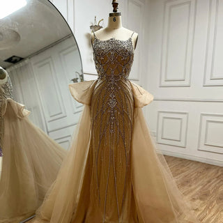 Nude Beaded Spaghetti Strap Evening Gown with Overskirt – Custom 2025 Saudi Design