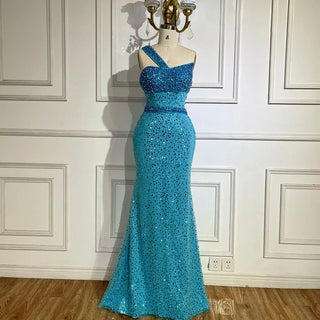 Ships in 1 to 3 Days - Luxury Blue One-Shoulder Mermaid Evening Dress - Dubai Gown with Beading for Women's Party 2024