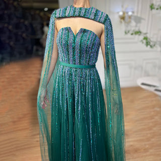 Ships in 1 to 3 Days - Arabic Green Cape Sleeves A-Line Beaded Evening Dress - Long Celebrity Gown for Women's Wedding Party 2024