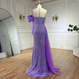 Ships in 1 to 3 Days - Arabic Lilac Evening Dress with Side Train and Pearl-Adorned One Shoulder - Women's Formal Prom Wedding Party Gown (2024)