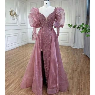 Dubai Pink Mermaid High Split Over Skirt Beaded Evening Gown - Perfect for Women's Wedding Party 2024