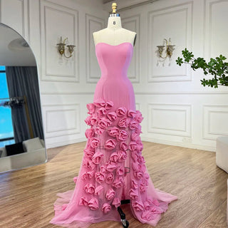 Ships in 1 to 3 Days - Mermaid Evening Dress for Girls: Arabic Pink 3D Flowers Elegant Strapless Dress with Side Slit Prom Party Gowns