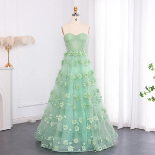 Luxury Sage Green 3D Flowers Evening Dress with Cape - Elegant Sweetheart Arabic Wedding Party Gown