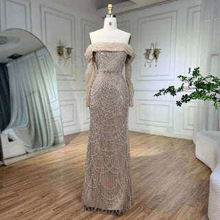 Ships in 1 to 3 Days - Arabia Nude Mermaid Boat Neck Evening Dress with Overskirt - Luxurious Attire for Women's Wedding Party 2024