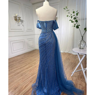 Arabic Blue Elegant Mermaid Evening Dress 2024 - High Split, Beaded Luxury Gown for Women's Wedding Party