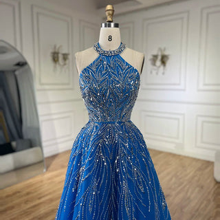 Ships in 1 to 3 Days - Elegant Blue Arabic A-Line Halter Gown Luxury Dubai Evening Dress for Women - Wedding Party 2024