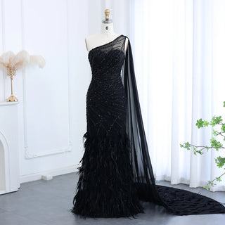 Luxury Feather Turquoise Aqua One Shoulder Mermaid Evening Dress with Cape Train Long Prom Wedding Party Gowns