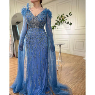 Arabic Blue Mermaid Elegant Cape Sleeves Feather Luxury Beaded Evening Dress - 2024 Collection