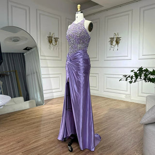 2025 Arabic Lilac Halter Neck Side Slit Mermaid Luxury Dubai Evening Gown Beaded Dress for Women's Party