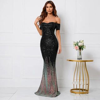 Elegant Off-Shoulder Black Sequin Evening Dress - Boat Neck Party Maxi Dress for Women