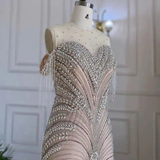 2024 Dubai-Inspired Silver-Nude Mermaid Evening Gown: Elegant Tassel Beading for Women's Luxurious Arabic Parties