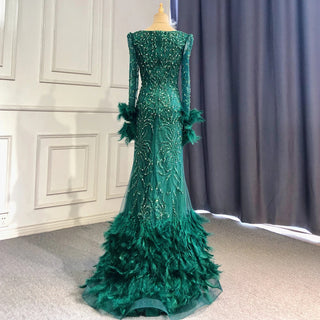 Green Elegant Mermaid Evening Dress: 2024 Beaded Feather Luxury for Women's Party