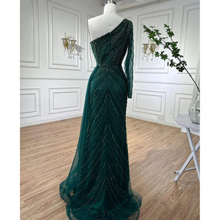 Green One Shoulder Mermaid Split Open Evening Dress: Beaded Sexy Party Gown for Women 2024