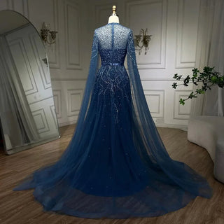 Turquoise Elegance: 2023 A-Line Cape Sleeves Muslim Luxury Beaded Evening Dress - Party Gown for Women