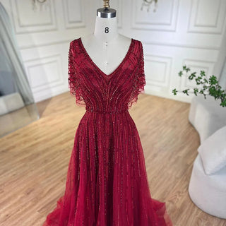 Desert Ruby: Red A-Line Evening Dress with Half Sleeves and Crystal Beading – Dubai 2024 Formal Collection