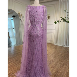 Ships in 1 to 3 Days - Arabic Purple Mermaid Long Evening Dress with Cape Sleeves - Beaded Luxury Dubai Gown for Women's Party