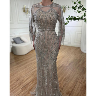 Ships in 1 to 3 Days - Silver Muslim Luxury Evening Dress 2024 with Mermaid Silhouette, Beaded Tassel Elegance - Ideal for Women's Party