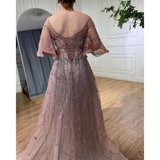 Turquoise A-Line Luxury Beaded Long Flare Sleeves Evening Dresses Gowns 2024 - For Women's Wedding Party