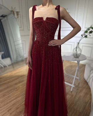 Ships in 1 to 3 Days - 2024 Saudi Wine Red Beaded Evening Gown - Spaghetti Strap A-Line Luxury Floor-Length Dress for Formal Occasions