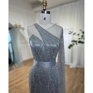 Mermaid Gold One Shoulder Evening Dress: 2024 Luxury Feather Beaded Elegant Gown for Women's Party