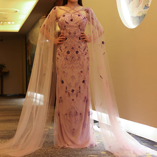 Luxury Dubai Lilac Arabic Evening Dress with Cape Sleeves and Criss-Cross Detail - Elegant Wedding Party Gown