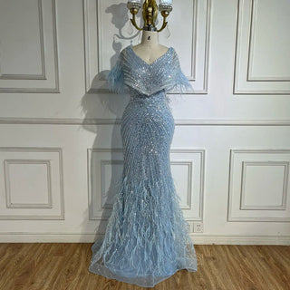 2024 Arabic Elegant Gray Mermaid Luxury Dubai Evening Gown with Feathers Beaded Dress for Women's Party