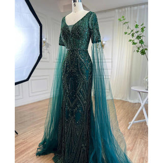 Emerald Elegance: 2024 Luxury Evening Dresses with Cape Sleeves in Rose Gold and Gray