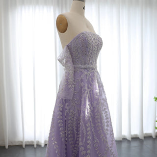 Luxury Dubai Beaded Arabic Lilac Evening Dress with Sleeves and Strapless Design - Women’s Wedding Party Gown