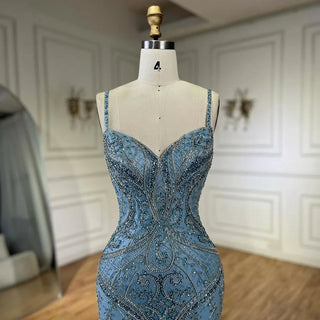 Ships in 1 to 3 Days - Arabic Blue Spaghetti Strap Feathers Beaded Luxury Dubai Evening Dresses Gowns For Women Wedding Party 2024