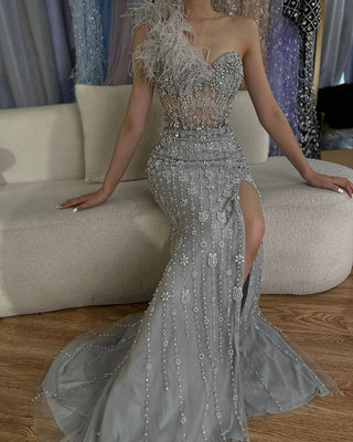 Gray Mermaid One Shoulder High Split Beaded Feather Luxury Evening Dress: 2025 for Women's Party