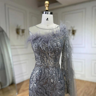 Arabic Silver Gray One-Shoulder Mermaid Evening Gown with Long Cloak - Beaded Elegance for Women's Wedding Party 2024