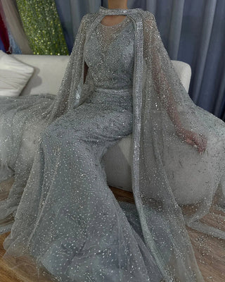 2025 Luxury Dubai Gray Arabic Mermaid Beaded Evening Gown with Detachable Long Cape for Women's Party