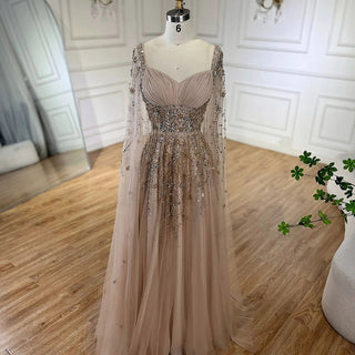 Ships in 1 to 3 Days - Arabic Champagne Dubai Evening Dresses Luxury Celebrity Beaded Tassel High Slit Women Wedding Party Dress