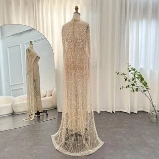 New for 2024: Luxury Champagne Dubai Evening Dresses with Pearls and Cape, Perfect for Arabic Women's Mermaid Wedding Party and Prom Dress