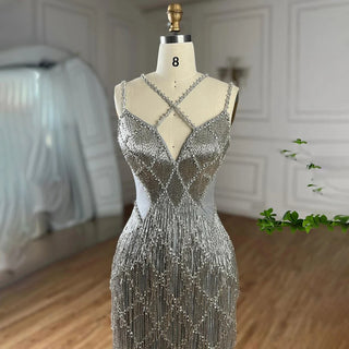 Dubai Silver Mermaid Evening Gown 2024 with Gold Beaded Tassel - Luxury Spaghetti Strap Party Dress for Women