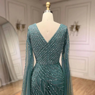 Ships in 1 to 3 Days – Arabic Mermaid Blue Beaded Elegant Cape Sleeves Luxury Evening Dress Gown for Women Wedding Party 2024