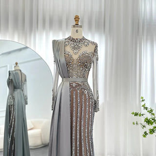 Luxury Crystal Dubai Muslim Evening Dress with Overskirt: Gray Arabic Formal Dresses for Women at Wedding Parties