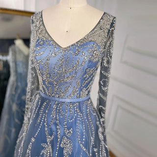 Arabic Blue A-Line Evening Dress - Long Sleeves with Luxury Beading for Woman's Party 2024