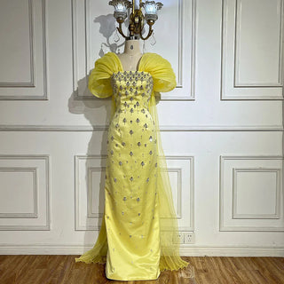 Ships in 1 to 3 Days - 2024 Elegant Yellow Saudi Arabic Ankle-Length Evening Gown - Beaded Dress for Formal Occasions