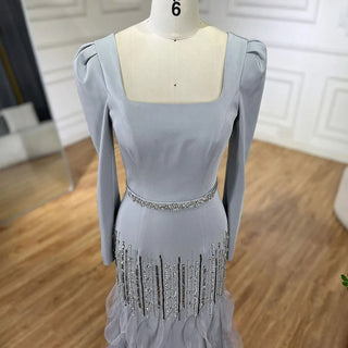 Arabic Gray Mermaid Elegant Ankle Length Beaded Satin Luxury Evening Dresses Gowns for Women Party 2024