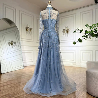 Ships in 1 to 3 Days - Opulent Arabic-Inspired A-Line Blue Lace Beaded Evening Gown For Women's Party