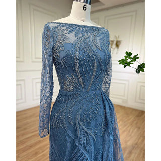 Dubai Oasis: Blue Mermaid Gown with Overskirt & Long Sleeves for Plus Size Elegance