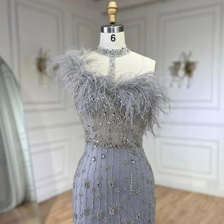 Gray Elegant Halter Feathers Beaded Luxury Mermaid High Split Evening Dress: Party Gown for Women