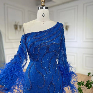 Ships in 1 to 3 Days - Blue Mermaid Elegant One-Shoulder Beaded Feathers Luxury Evening Dress Gown for Women's Wedding Party 2024