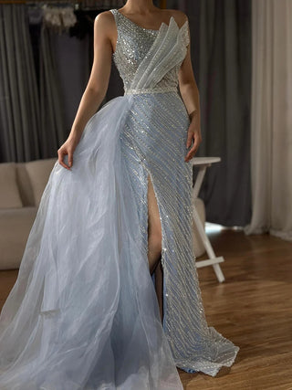 2024 Blue One-Shoulder Split Saudi Evening Gown with Beaded Side Overskirt for Formal Occasions