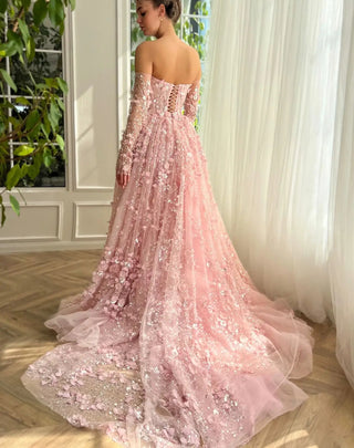 Elegant 3D Flowers Pink Luxury Dubai Evening Dress with Overskirt: Lilac Long Sleeves for Women's Wedding Party