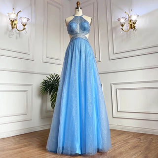 Blue Sexy A-Line 2024 Beaded Halter Prom Dress: Celebrity Graduation School Party Gown