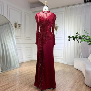 Wine Red Mermaid Luxury Lace Beaded Satin Evening Dresses: Dubai Formal Gowns 2024 for Women's Wedding Party